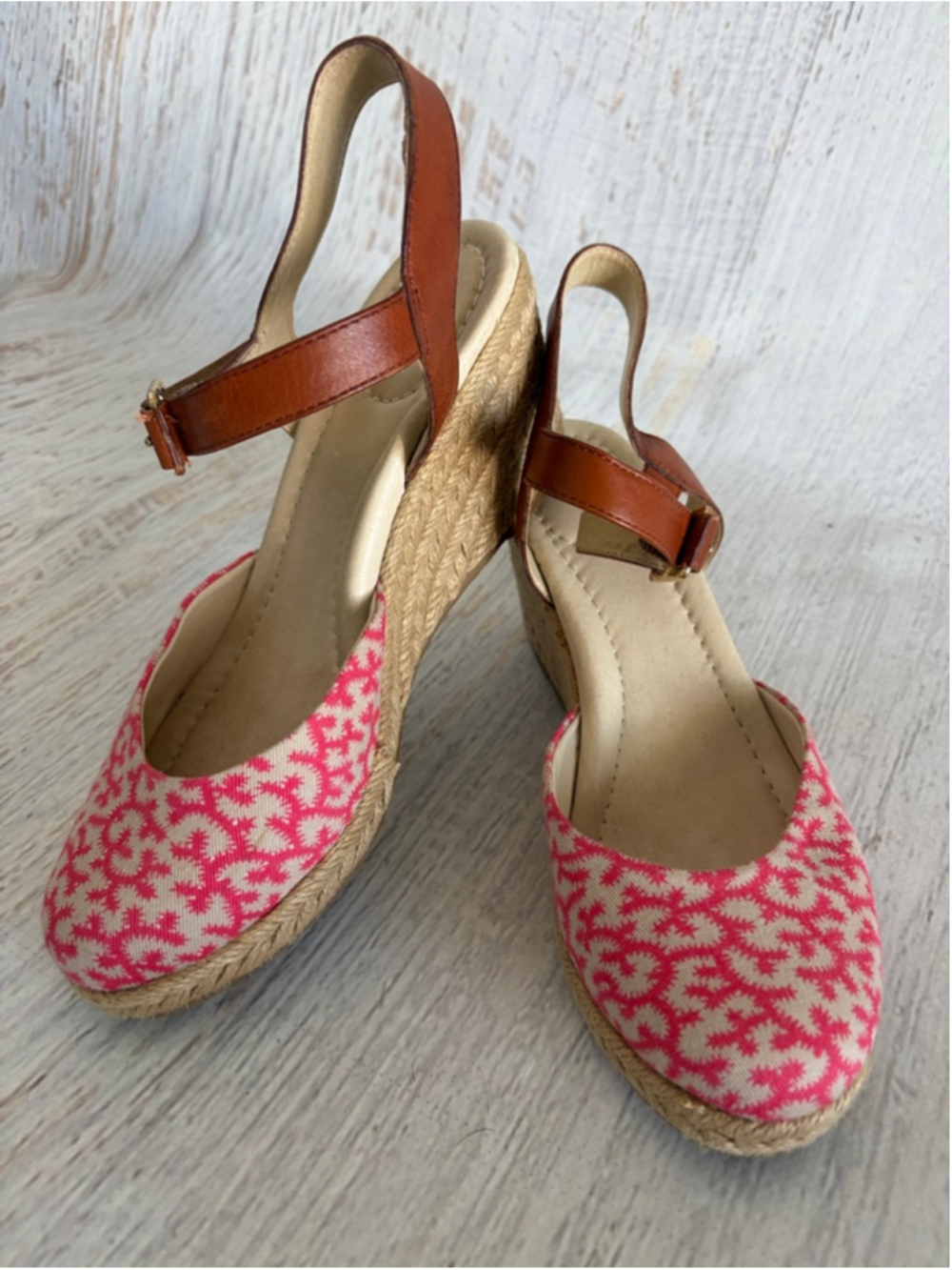 Women's Lands' End Pink Beige Patterned Espadrille Wedges 7.5